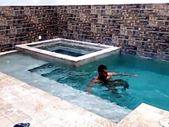 Brunette Latina with Big Ass Sneaks Into Pool for Sex with Muscle Men Caught on HD