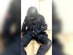 swat soldier wank off in uniform and hood
