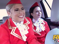 Flight Attendants in pantyhose surprise young guest
