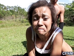 Ebony cfnm teenie gets culo spermed outdoors