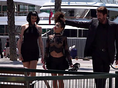 Petite naked teen humiliated in public by domina and master