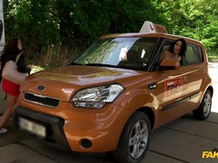 Pair of insatiable sluts getting fucked inside and outside the car