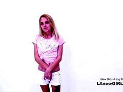 Cute skinny blondie cums hard on big male pole