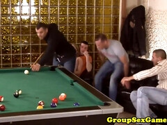 Fledgling euro gang-bang on a pool table