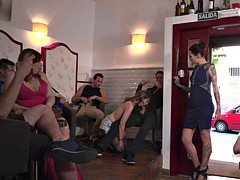 Femdom bound blonde toyed in public bar