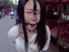Amateur, Asiático, Amarrada, Chino, Al aire libre, Público