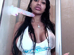 meaty rump puerto rican latina riding fake penis in the shower