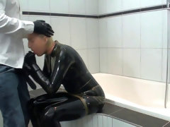 two Rubber Layers dark-hued And Transparent Latex Catsuit Blowjob And urinating