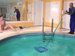Teen gets fucked and gives a blowjob to the pool cleaner grandpa