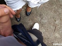 Tattooed babe with big tits gives outdoor POV blowjob for cash