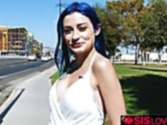 Jewelz Blu sticks a vibrator in her twat and her stepbrother uses a remote control to pleasure her in public